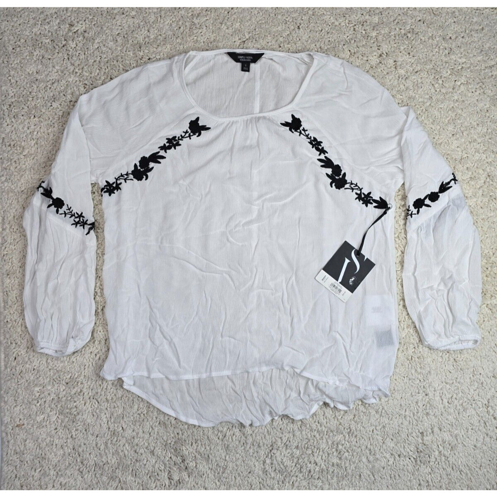 Simply Vera Wang Womens Sz Small White Black Long Sleeve Top Shirt Blouse Floral